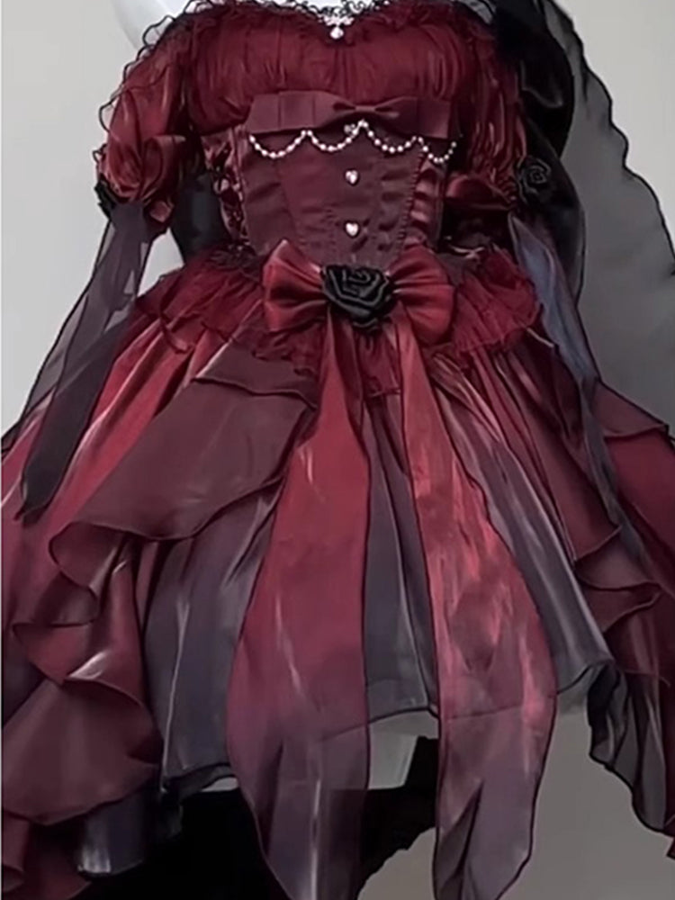 Black and red gradient short front and long back wedding dress lolita dress trailing princess dress R1674