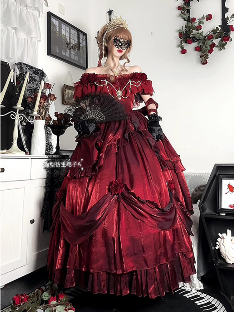 Blood red bride lolita dress dress rose flower heavy puffy princess dress R1676