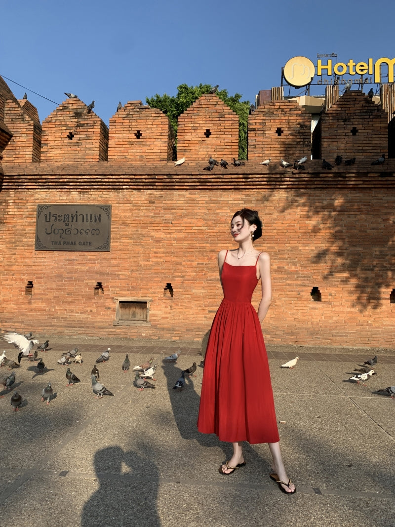 French square neck waist hip dress high waist sleeveless slim suspender dress slit long skirt R1434