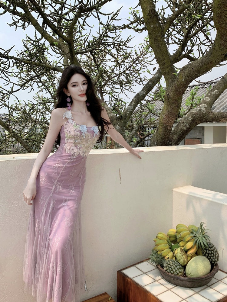 Beautiful little skirt purple flower sling dress beautiful waist hip skirt R0656