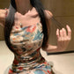 Retro floral suspender dress beautiful waist hip skirt R0657