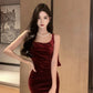 French suspender dress autumn wine red slim waist velvet hip fishtail Christmas dress R1439