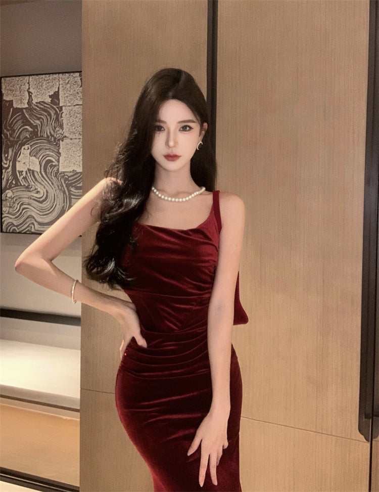 French suspender dress autumn wine red slim waist velvet hip fishtail Christmas dress R1439