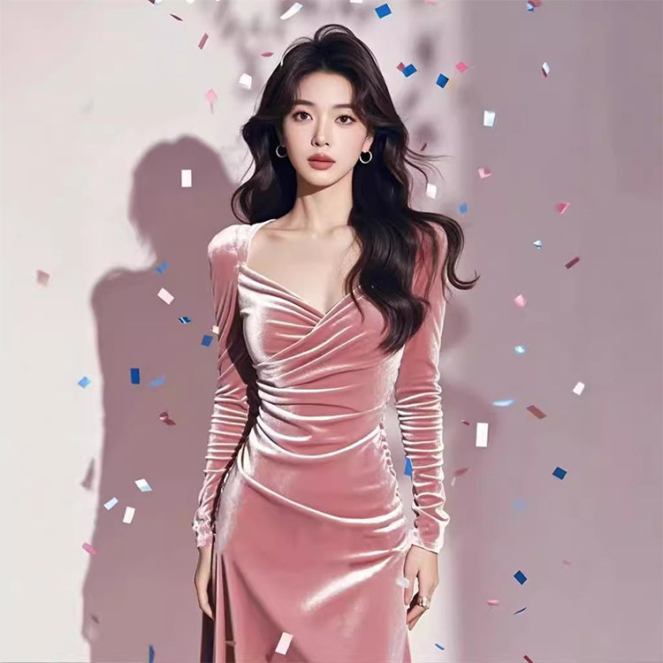 Birthday dress high-end dress niche temperament lady pink long-sleeved dress R1797