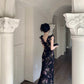 Holiday design small flying sleeves black floral dress slim fit temperament hip long skirt R1785