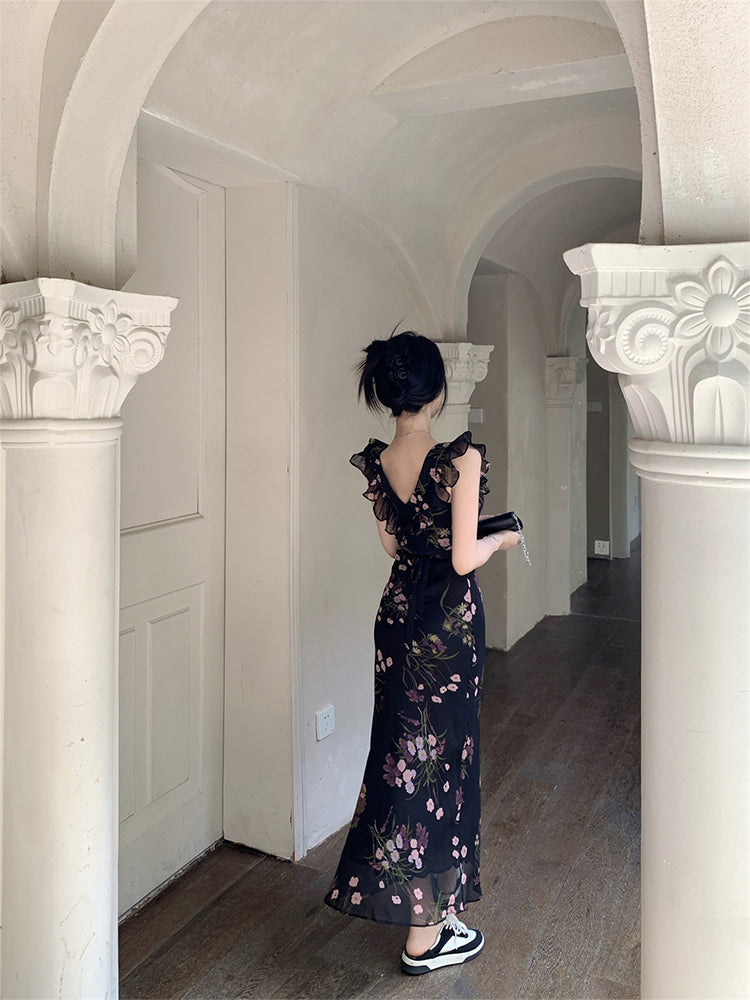 Holiday design small flying sleeves black floral dress slim fit temperament hip long skirt R1785