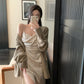 French silk satin sexy slit V-neck dress with suspenders evening dress R1487