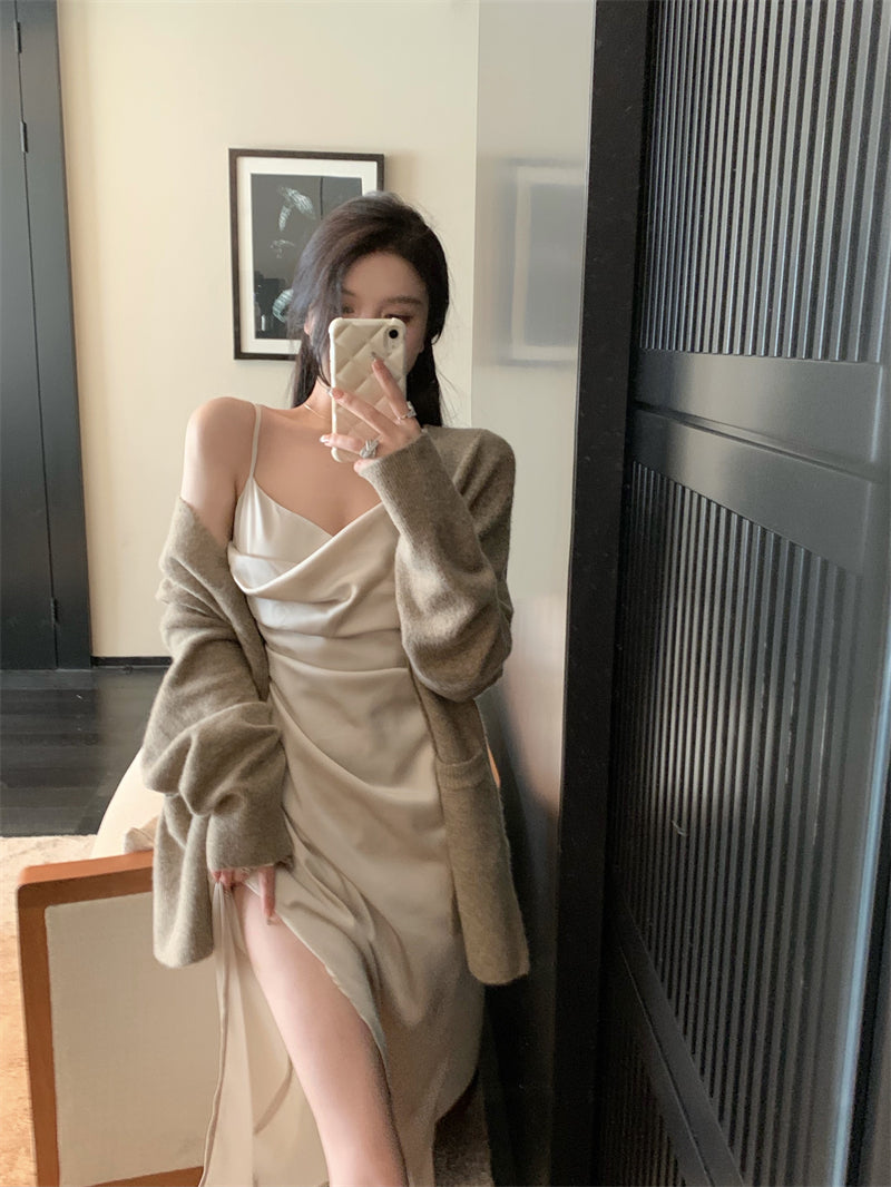 French silk satin sexy slit V-neck dress with suspenders evening dress R1487