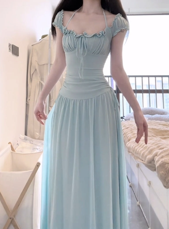 Mint green halter dress with waist and beautiful small skirt R0569