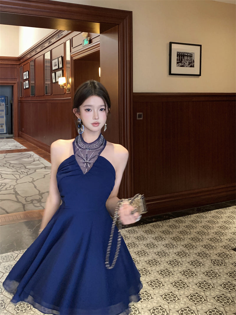 Blue halter dress with rhinestones, slim waist, A-line short dress R0571