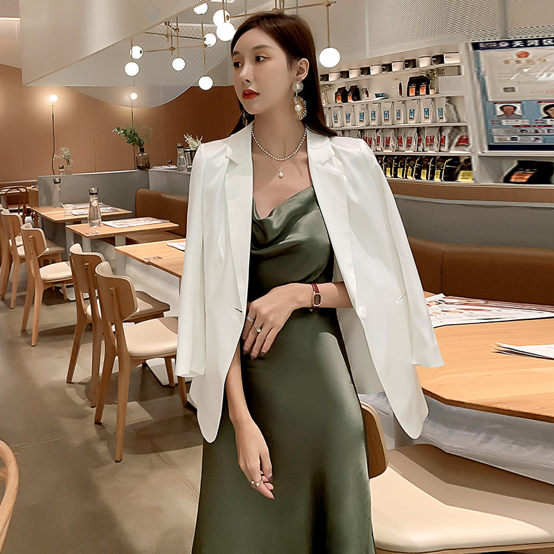 Green acetate satin silk suspender dress women's medium length 2025 new long skirt R1006