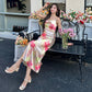French retro print slim fairy dress sexy high-end pure desire wind collar suspender long dress R1007