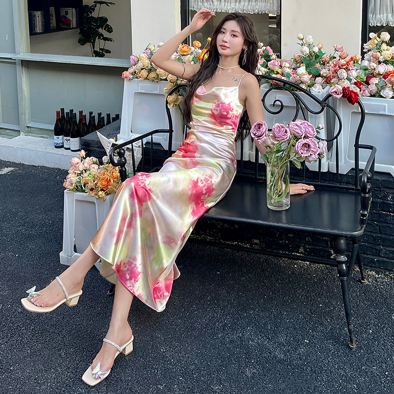 French retro print slim fairy dress sexy high-end pure desire wind collar suspender long dress R1007