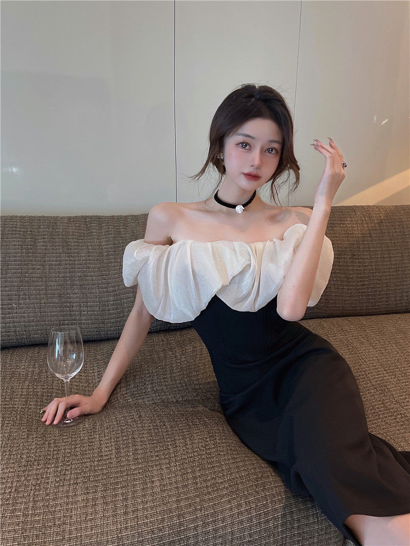 French style one shoulder dress slit gentle style banquet bridesmaid dress long skirt R1429