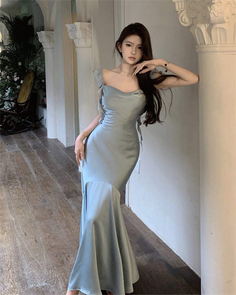 French satin sling collar fishtail suspender dress slim fit temperament dress long skirt R1805