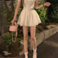 2025 new white short skirt women's French square neck puff sleeve dress waist slimming R0119