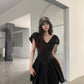 Tea break French pleated dress 2025 new waist slim Hepburn style little black dress R0152