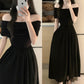 Black one-shoulder dress 2025 new style high-end temperament off-shoulder waist long dress R0128