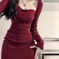 Slim Sexy Square Neck Bottom Sweater Dress Knitted Dress Red Hip Skirt R0147