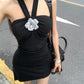 Hot girl halter neck dress female summer 2025 new black tube top irregular flower skirt R0122
