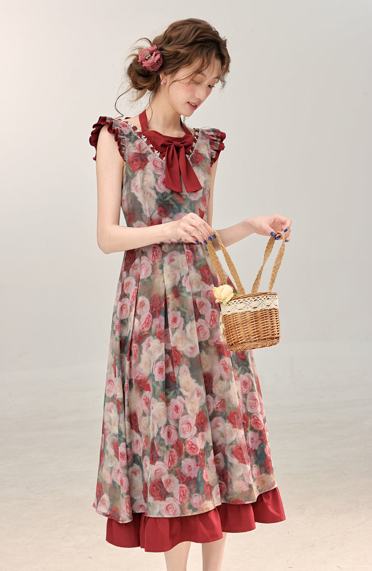 French retro red floral dress women's new beautiful long dress R1941