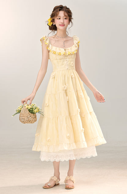 French gentle style yellow suspender dress seaside holiday long dress R1943