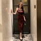 Light and mature retro print suspender dress waist and hip long skirt R0593
