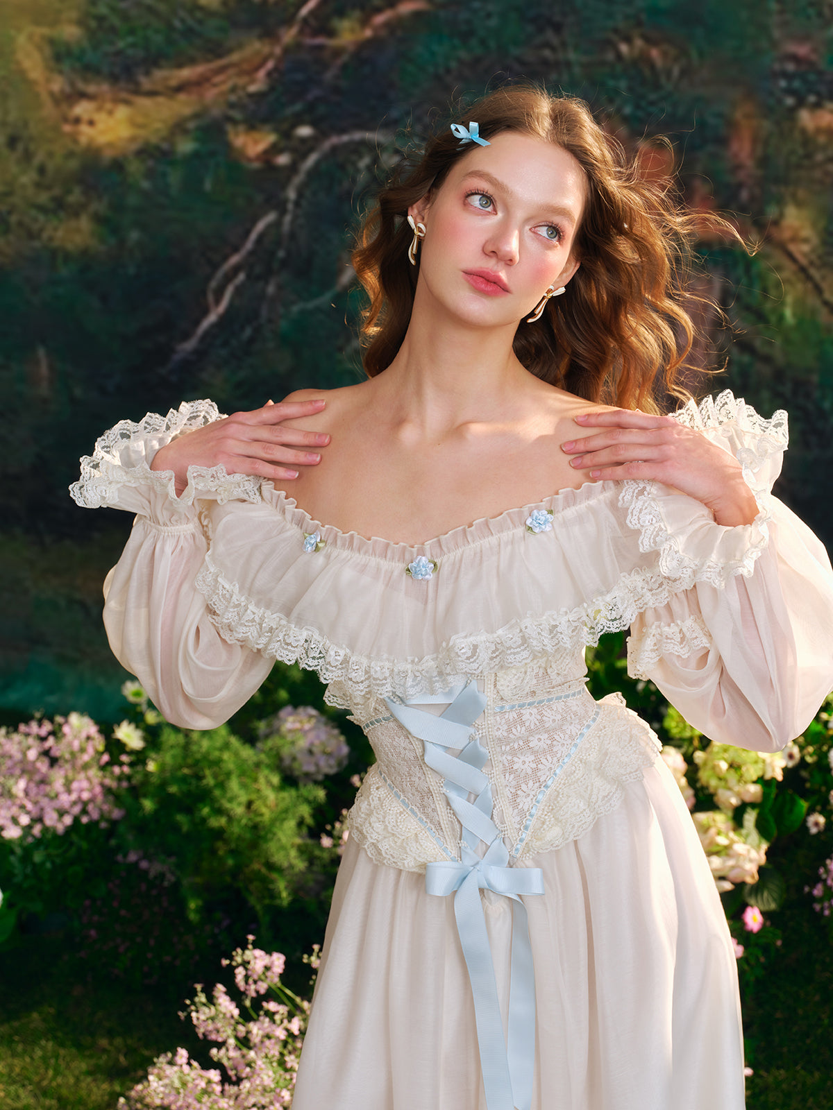 French fairy dress one-shoulder white long dress lace fishbone skirt long sleeves R5103