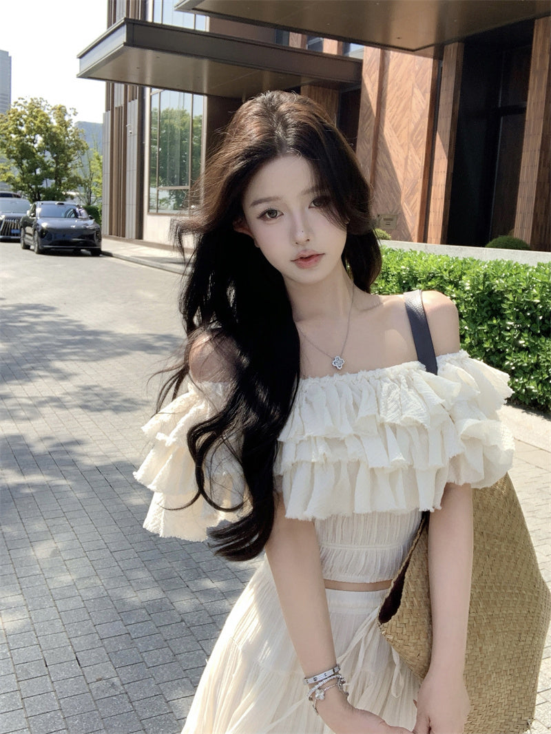 Summer beautiful one-shoulder short top a-line skirt beautiful two-piece suit R0853