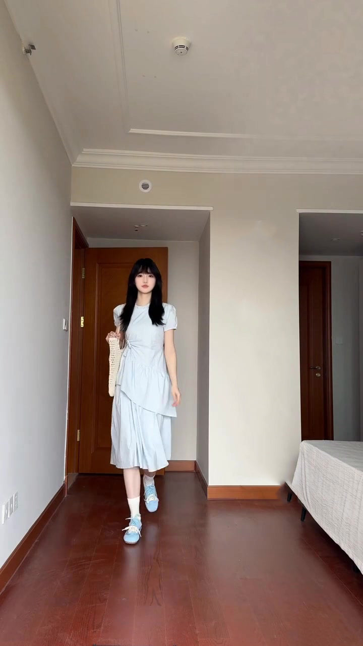 Gentle and sweet style blue puff sleeve dress temperament waist A-line long skirt R0771