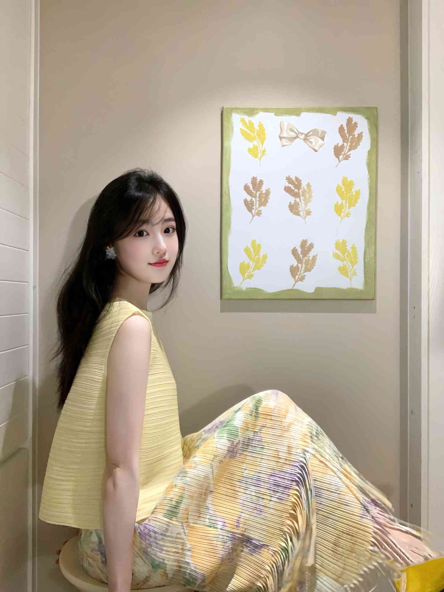 Pure suit, gentle temperament, beautiful yellow top, floral skirt, two-piece suit R0805