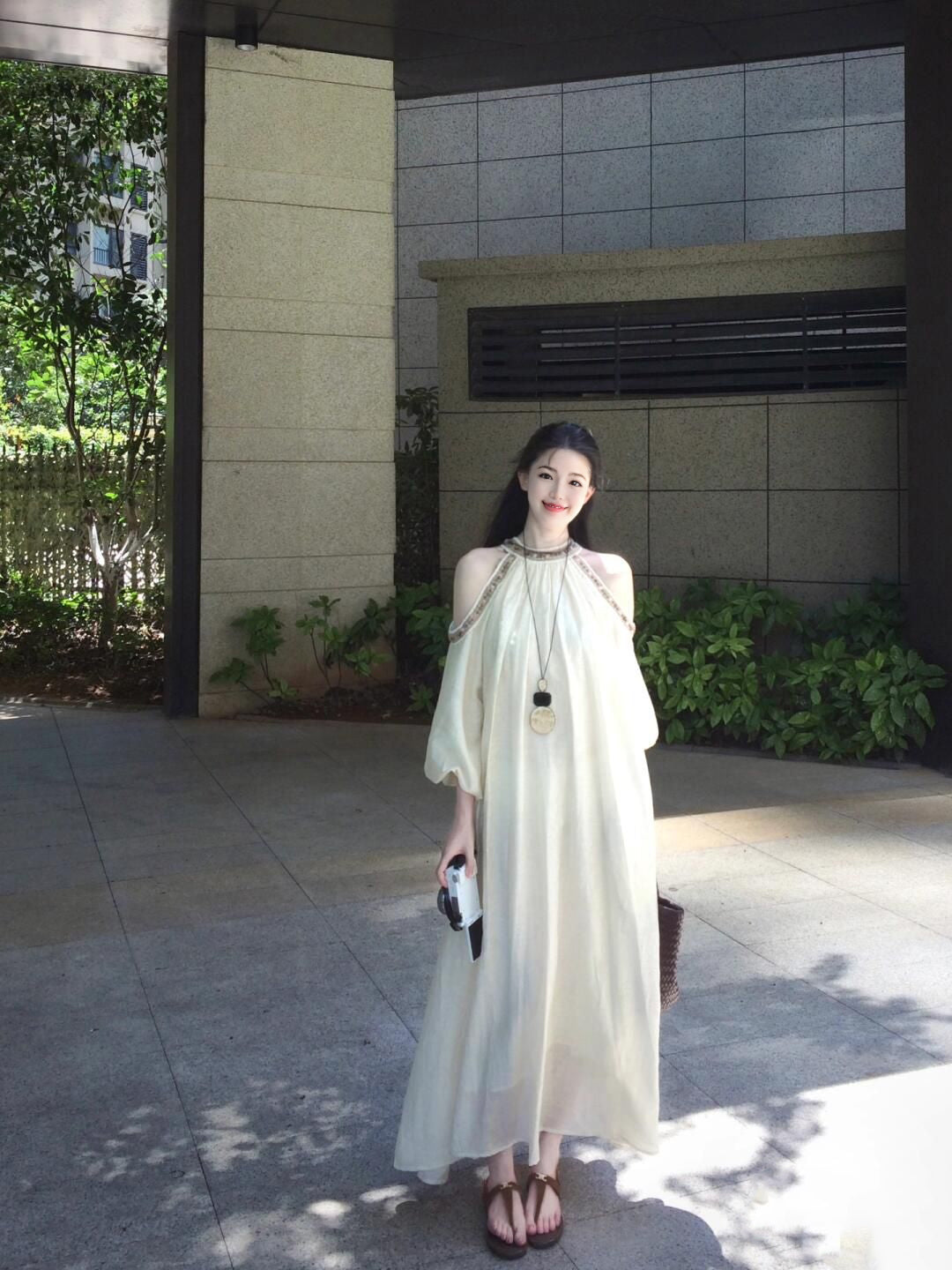 Off-the-shoulder dress, relaxed French long skirt R0552