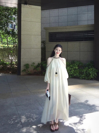 Off-the-shoulder dress, relaxed French long skirt R0552