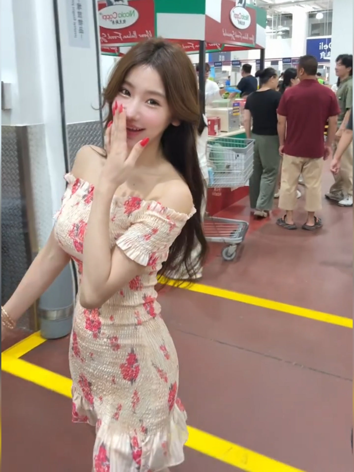 French style beautiful pink printed one-shoulder women's summer slimming and slimming hip skirt R3597