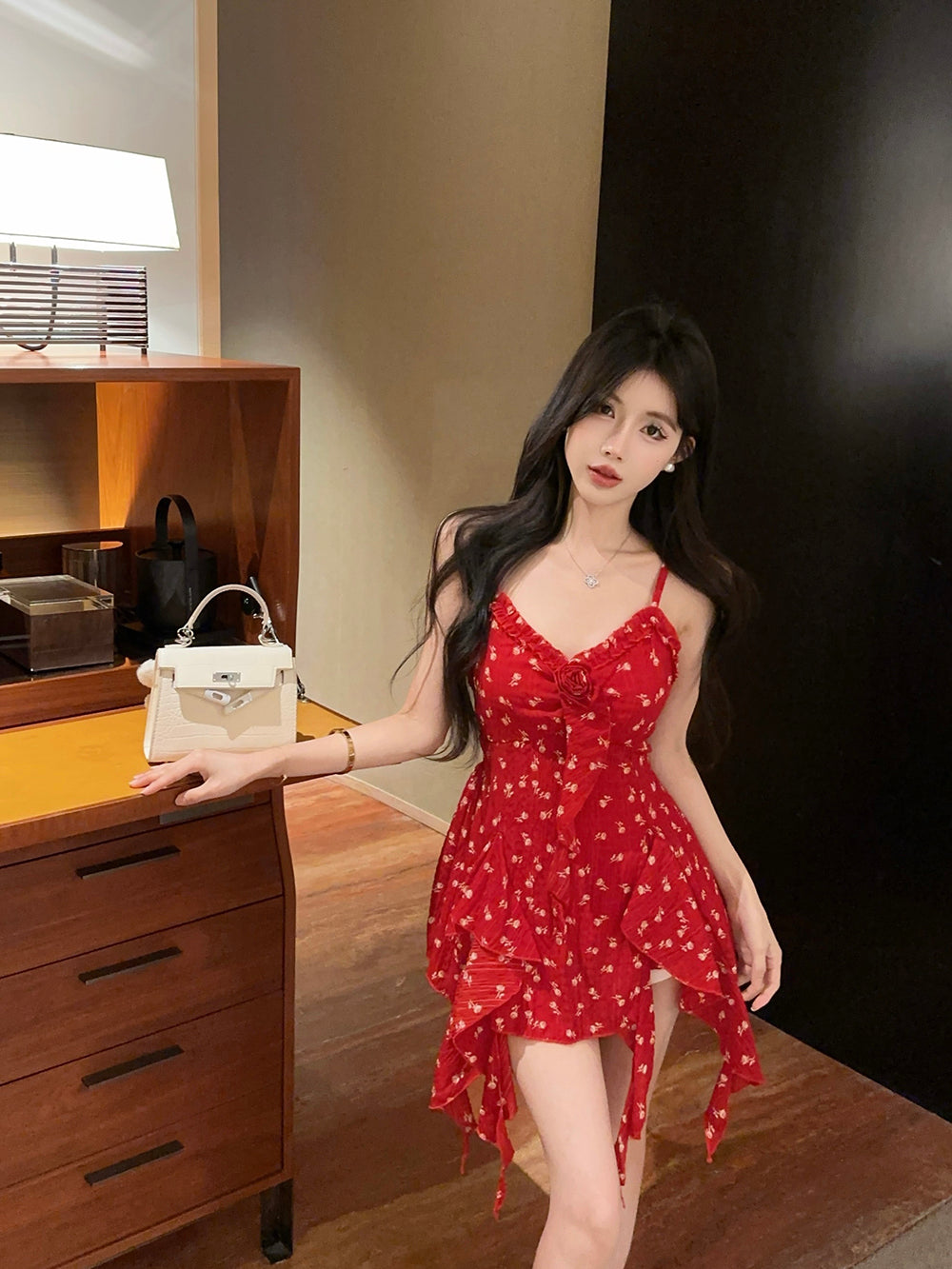 Sweet and sexy floral camisole irregular high waist design slim fit short skirt R3627