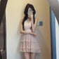 French sweet pink V-neck sleeveless women's summer temperament princess dress waist chiffon skirt R3600