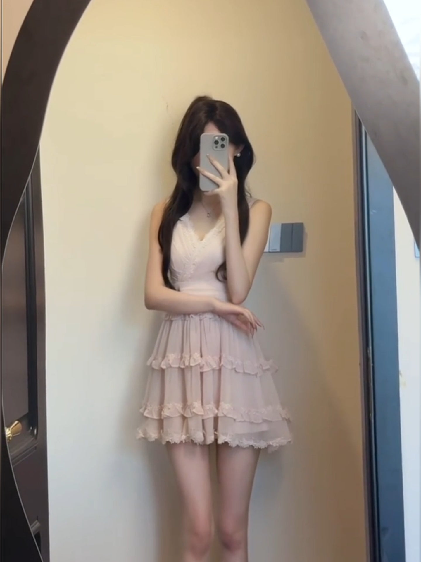 French sweet pink V-neck sleeveless women's summer temperament princess dress waist chiffon skirt R3600