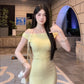 French yellow one-shoulder knitted dress for women in summer, slim waist and hip short skirt R3598
