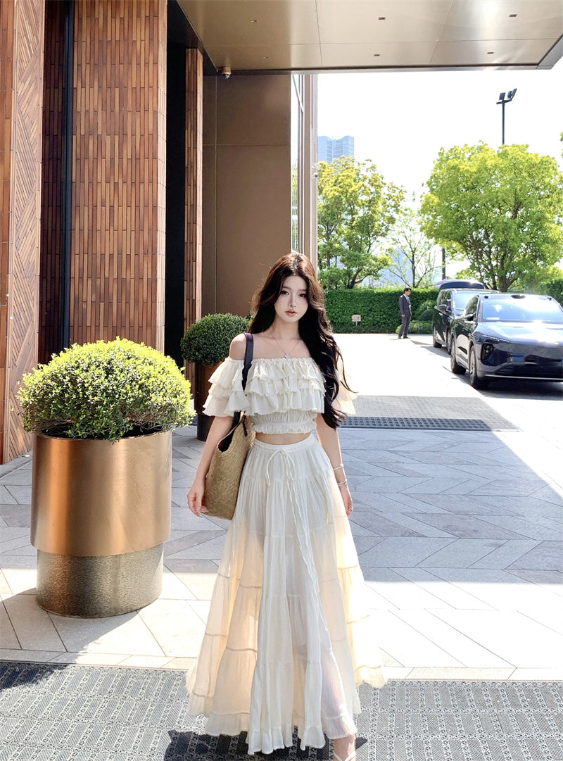 Summer beautiful one-shoulder short top a-line skirt beautiful two-piece suit R0853