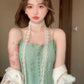 Green suspender dress holiday waist a-line short skirt beautiful skirt R0899