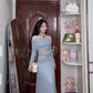 Summer beautiful vacation gentle style blue one shoulder top a line skirt two piece set R0898