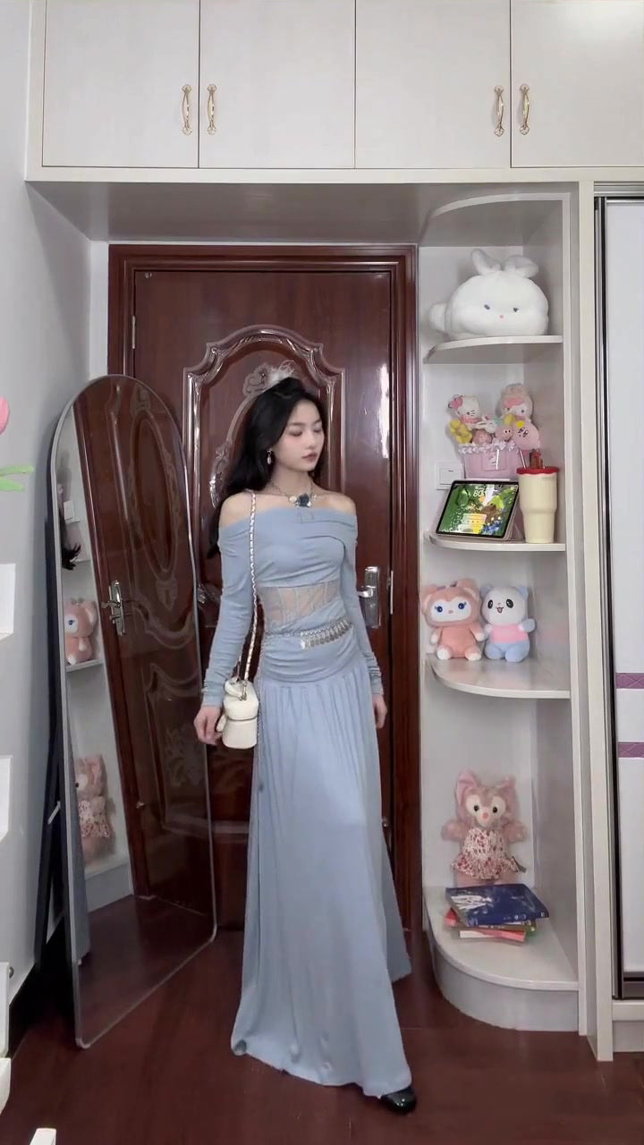 Summer beautiful vacation gentle style blue one shoulder top a line skirt two piece set R0898