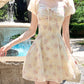 French yellow floral short-sleeved dress, beautiful summer skirt R3867