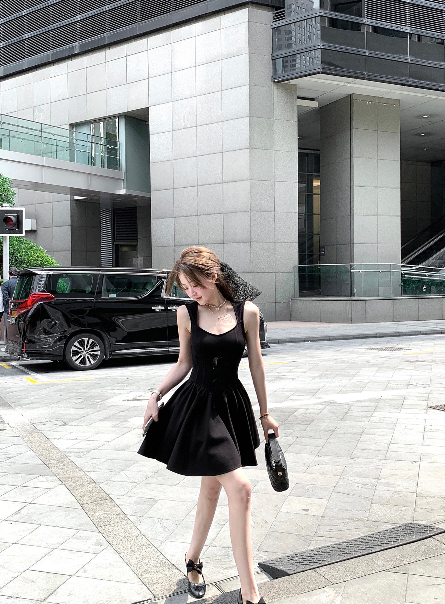 French style black vest dress summer high-end waist skirt R3869