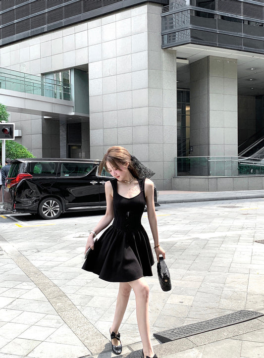 French style black vest dress summer high-end waist skirt R3869