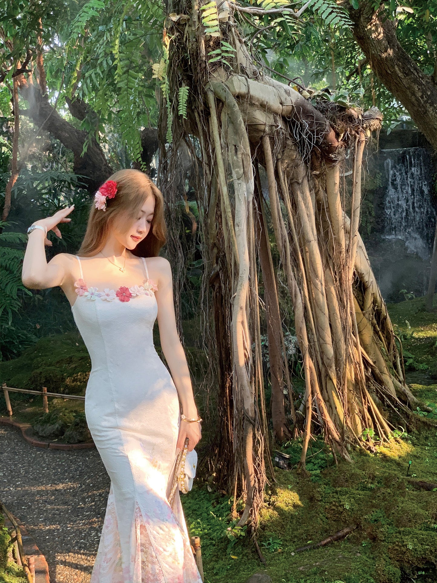 Summer fishtail design floral long skirt with suspenders for holiday R3868