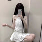 Gentle temperament beautiful white halter neck top puffy skirt two-piece set R0842