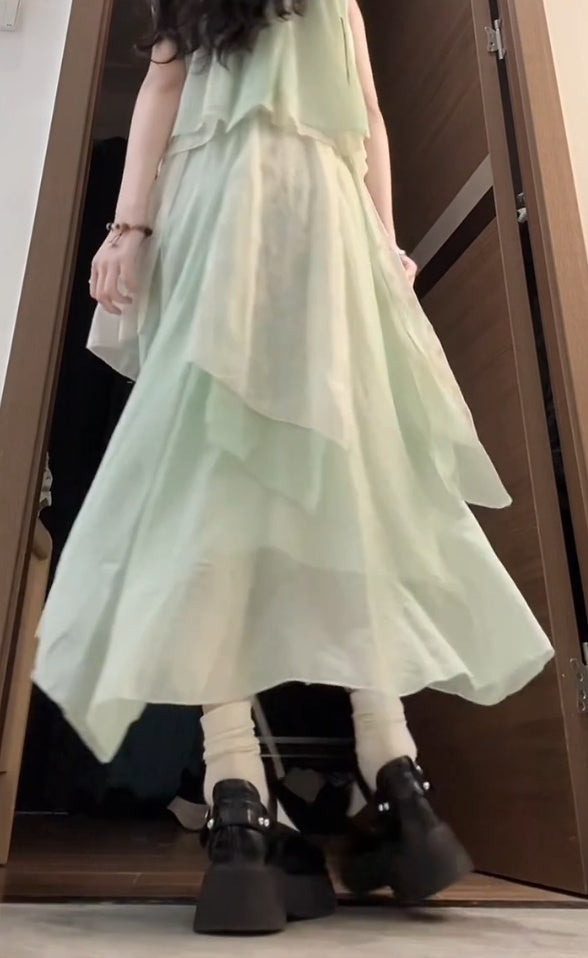 Mint green halter neck dress irregular beautiful loose beach dress R0665