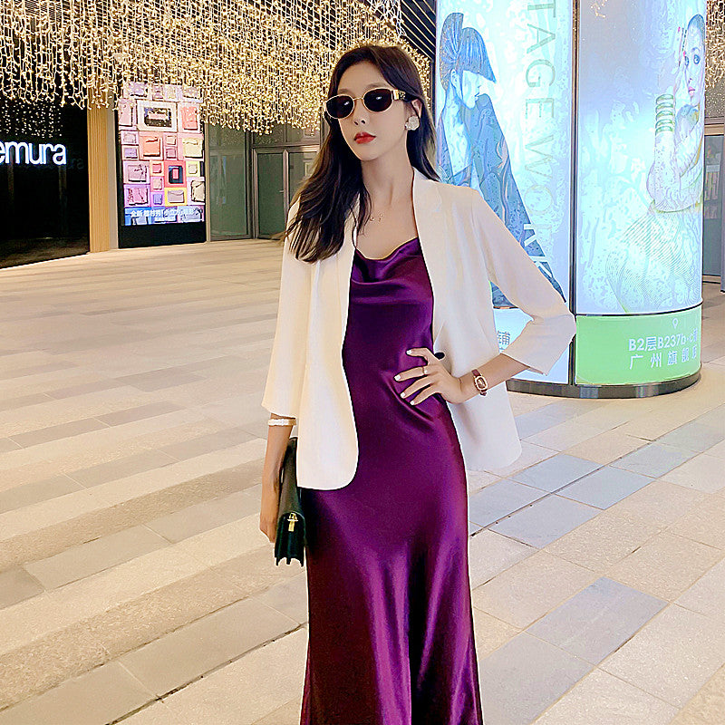 High-grade purple silk suspender dress with medium-length satin inner wear for slimming R0985