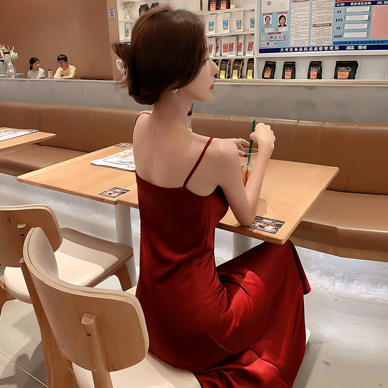 High-grade silk suspender dress with medium-length satin acetate for slimming R0983